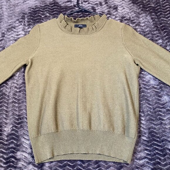 J.Crew Tops - J.Crew Olive Green Ruffle Neck Sweater Ribbed Knit pullover,womens size XS